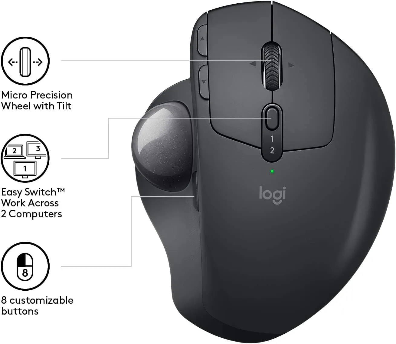 Logitech MX Ergo Wireless Trackball Mouse Bluetooth/2.4GHz, Adjustable Angle, Precision Scroll-Wheel, USB-C Charging, PC/Mac/iPadOS - Black