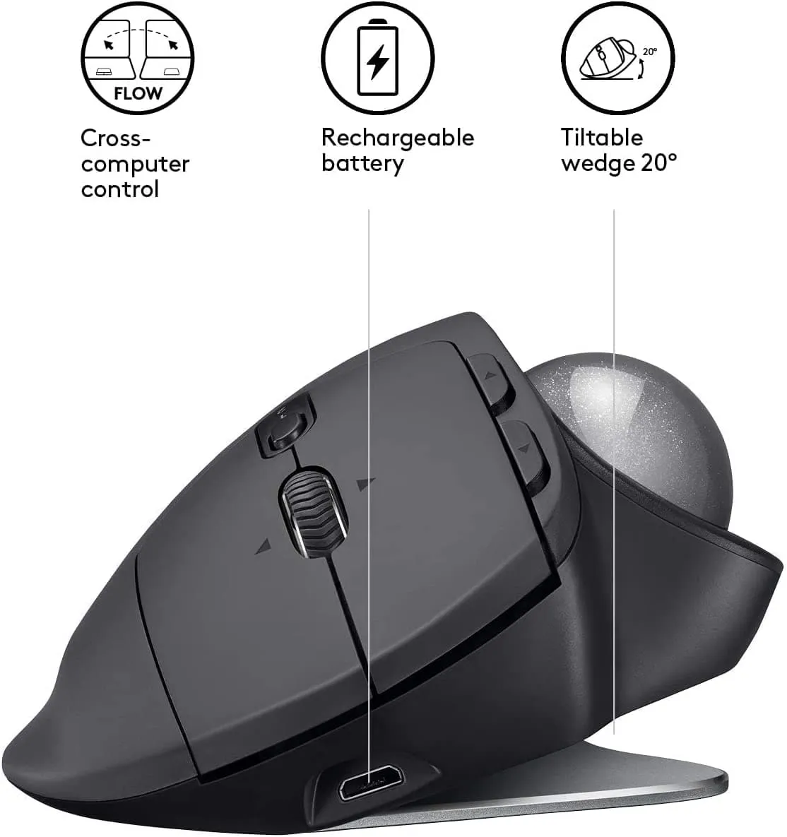 Logitech MX Ergo Wireless Trackball Mouse Bluetooth/2.4GHz, Adjustable Angle, Precision Scroll-Wheel, USB-C Charging, PC/Mac/iPadOS - Black