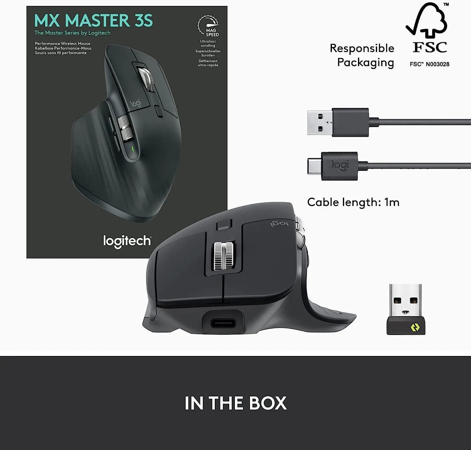 Logitech MX Master 3S - Wireless Performance Mouse with Ultra-Fast Scrolling, Ergonomic, 8K DPI, Glass Tracking, Silent Clicks, USB-C, Bluetooth, Windows, Linux, Chrome - Dark Gray