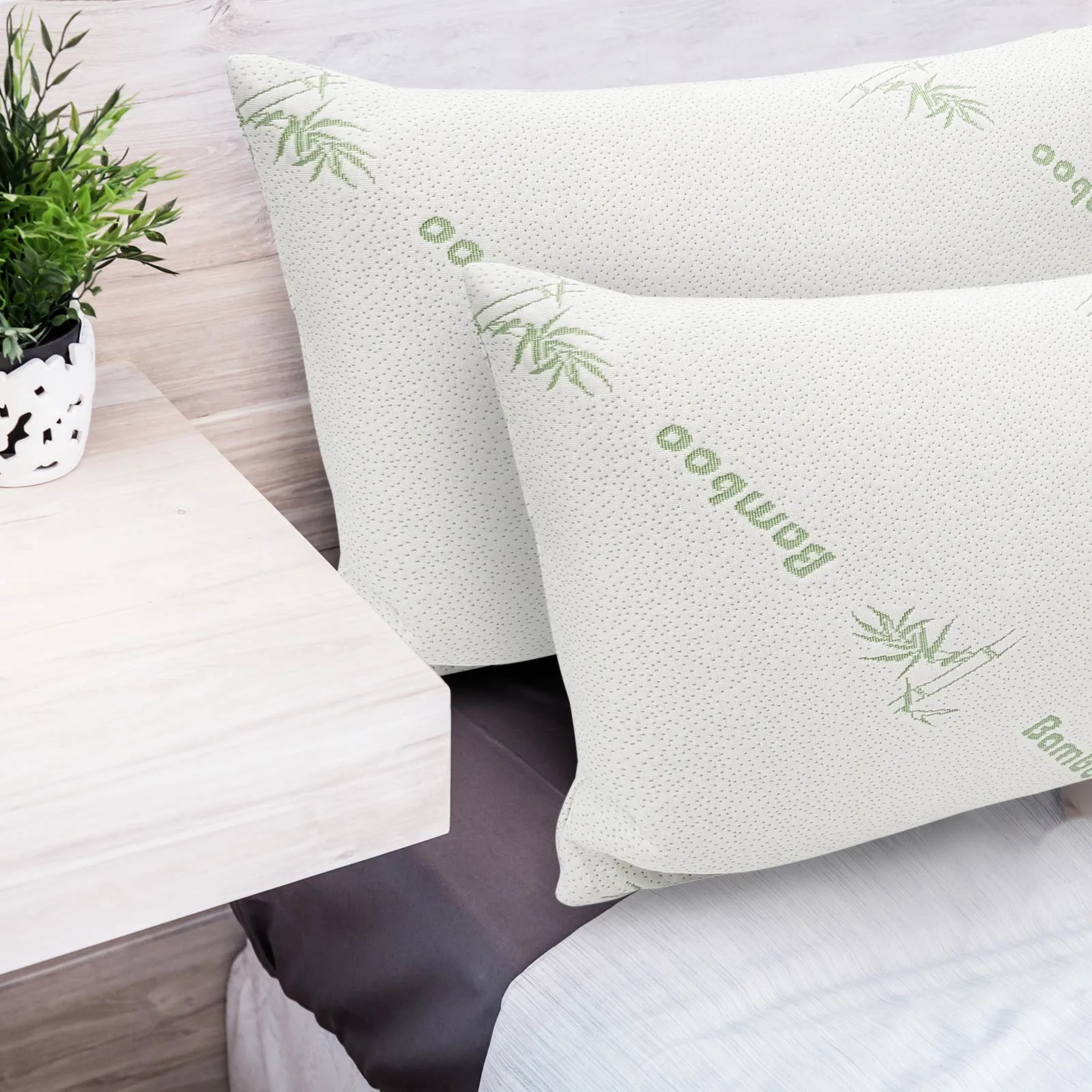 Memory Foam Pillow Bamboo Covered Ultra Soft Hypoallergenic Removable Zip Cover 56 x 36 x 10 cm White, Green