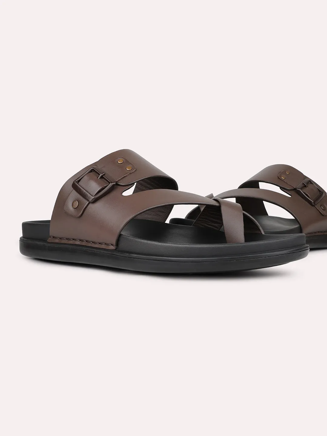 Mens Brown Solid Round Toe Casual Sandals