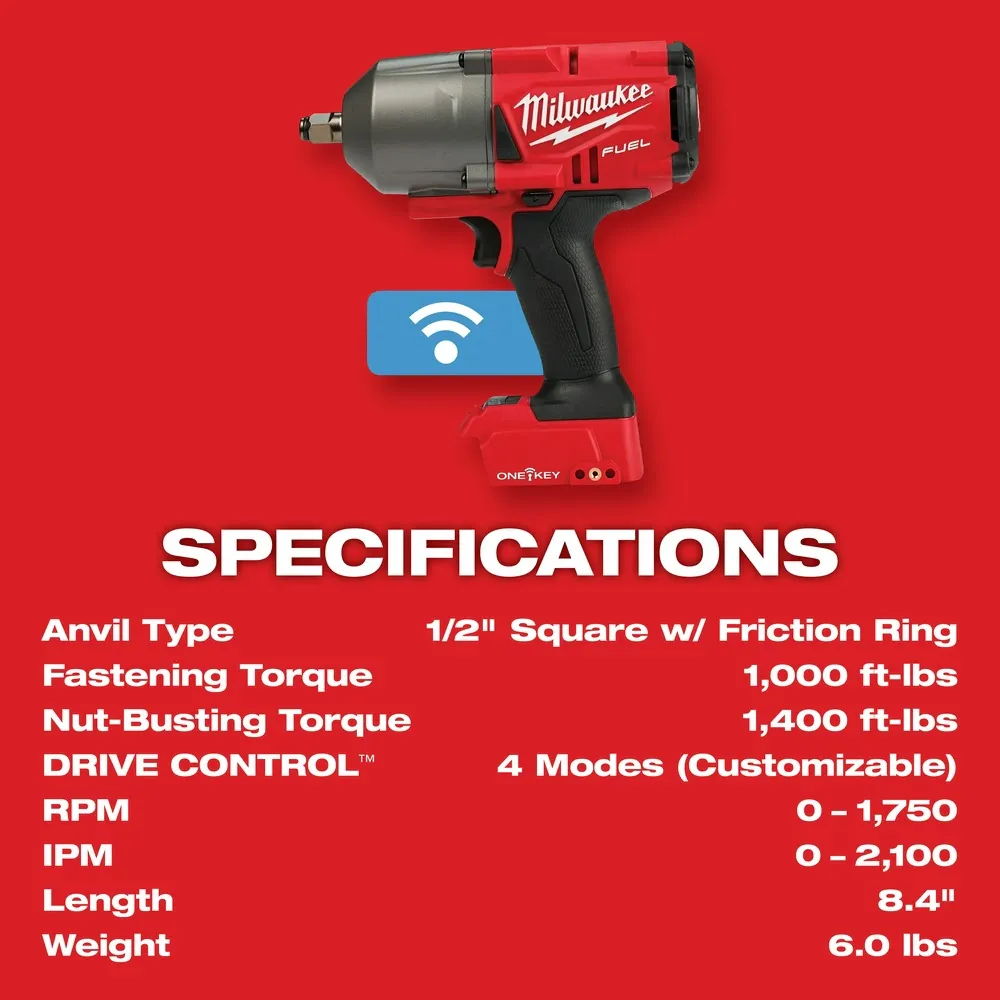 Milwaukee 2863-20 M18 FUEL ONE-KEY High Torque Impact Wrench 1/2" Friction Ring Bare