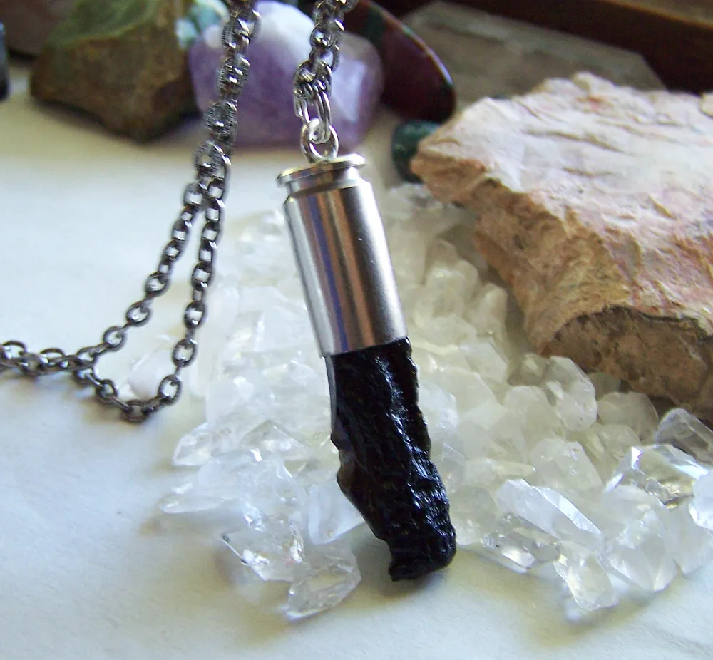 Natural Black Tektite Stone Silver Bullet Jewelry Pendant Necklace