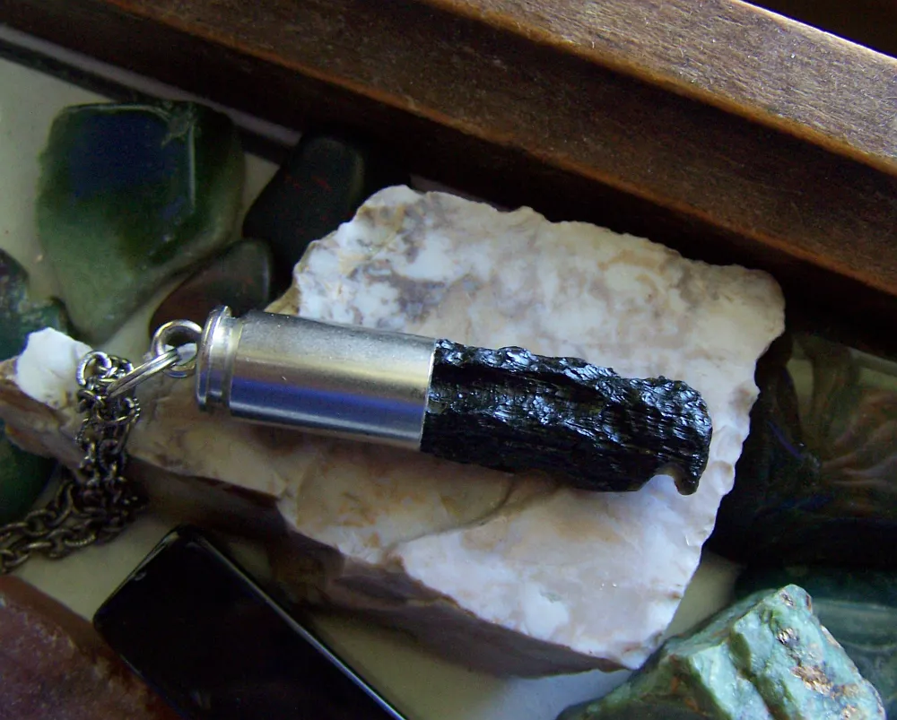 Natural Black Tektite Stone Silver Bullet Jewelry Pendant Necklace