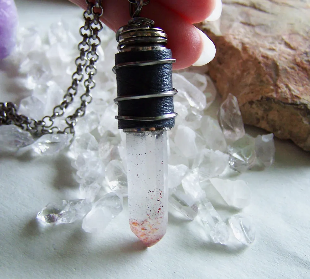 Natural Blood Crystal Lepidochrosite Quartz Leather Bullet Pendant