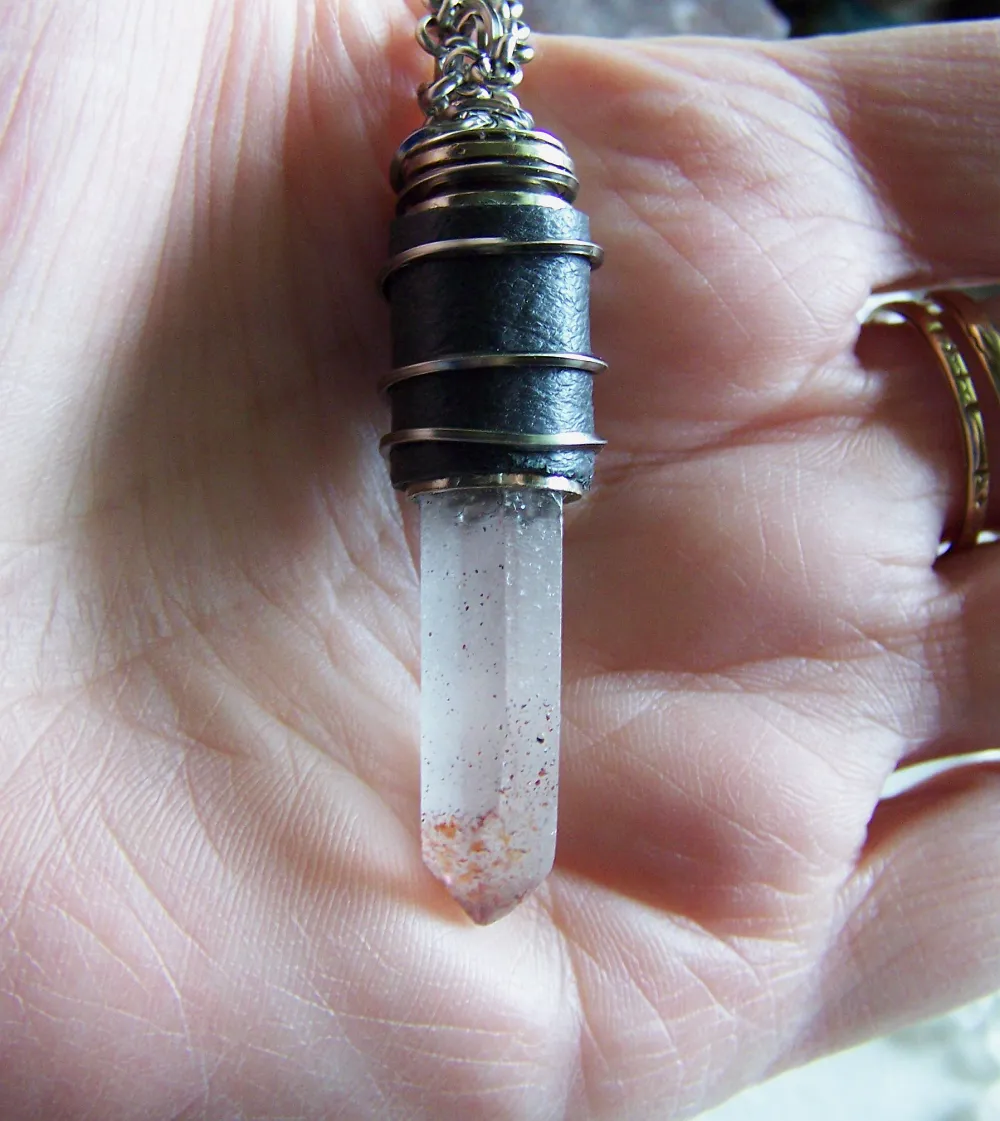 Natural Blood Crystal Lepidochrosite Quartz Leather Bullet Pendant