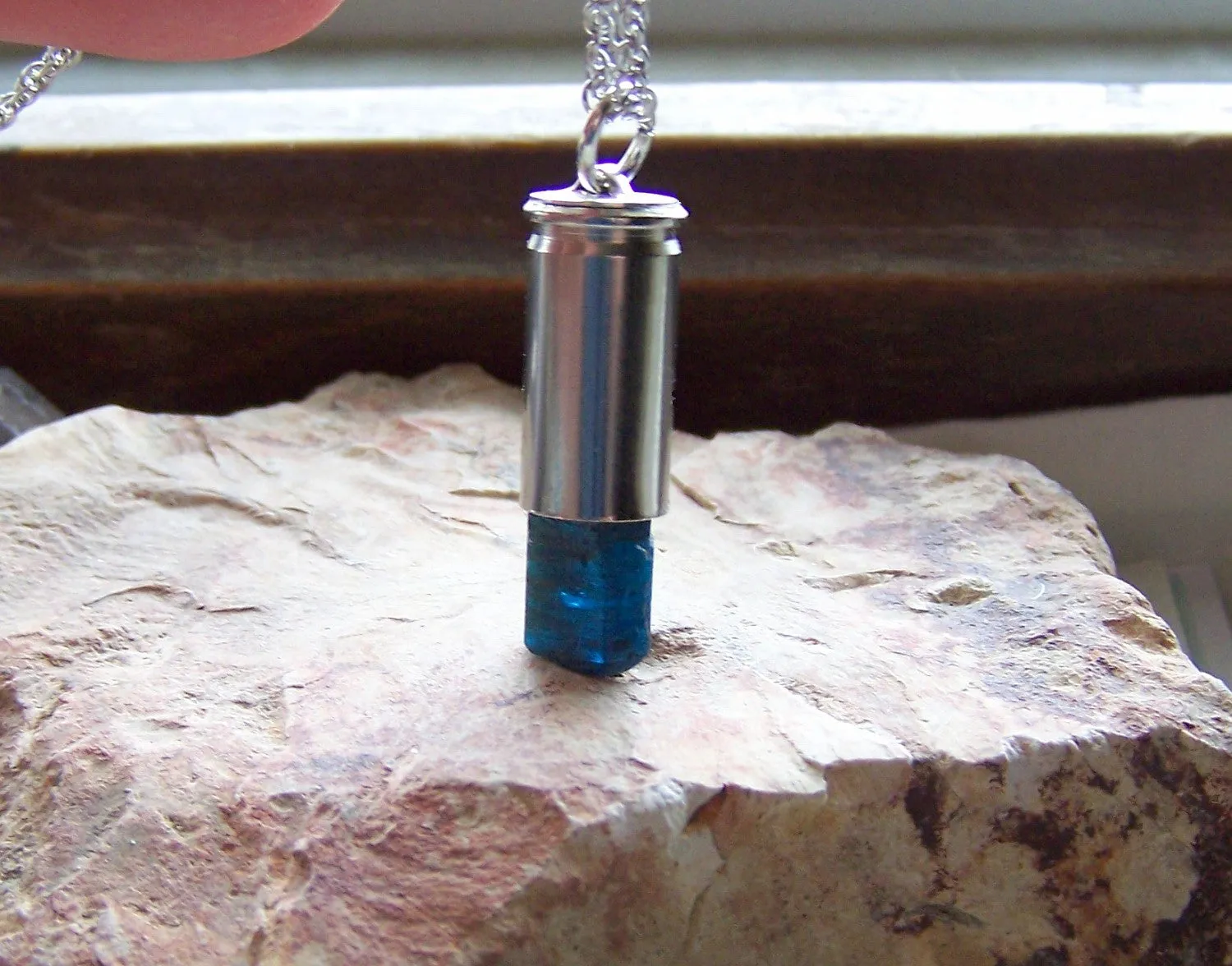 Natural Blue Apatite Silver Bullet Jewelry Pendant Necklace