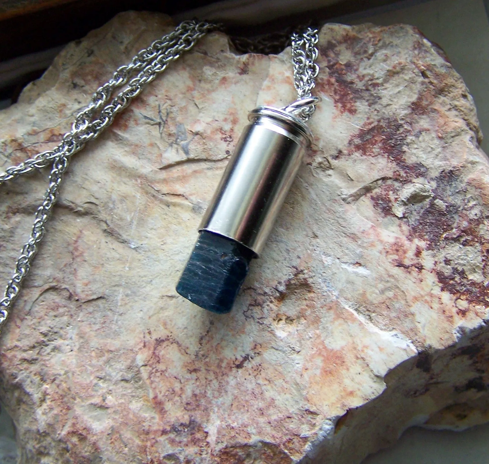 Natural Blue Apatite Silver Bullet Jewelry Pendant Necklace