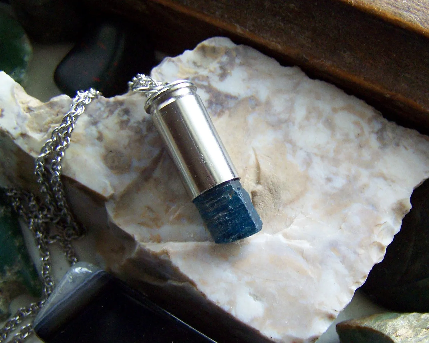 Natural Blue Apatite Silver Bullet Jewelry Pendant Necklace