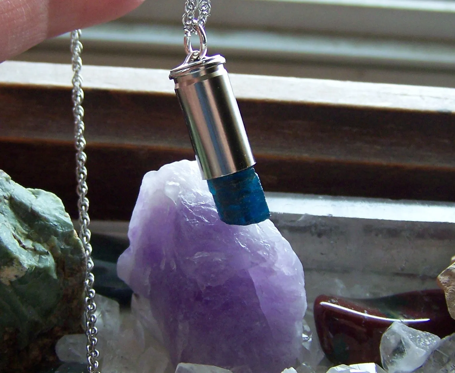 Natural Blue Apatite Silver Bullet Jewelry Pendant Necklace