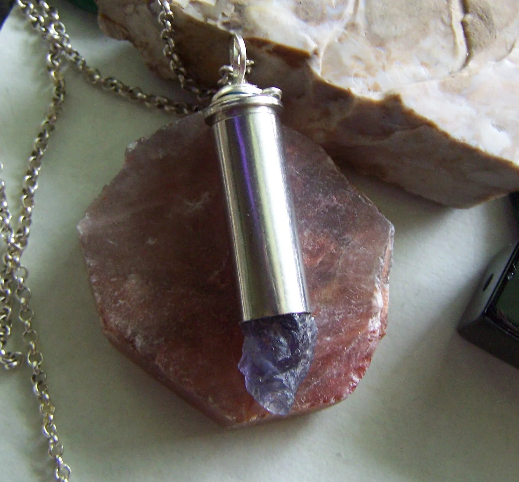 Natural Iolite Indigo Gemstone Crystal Bullet Pendant Necklace