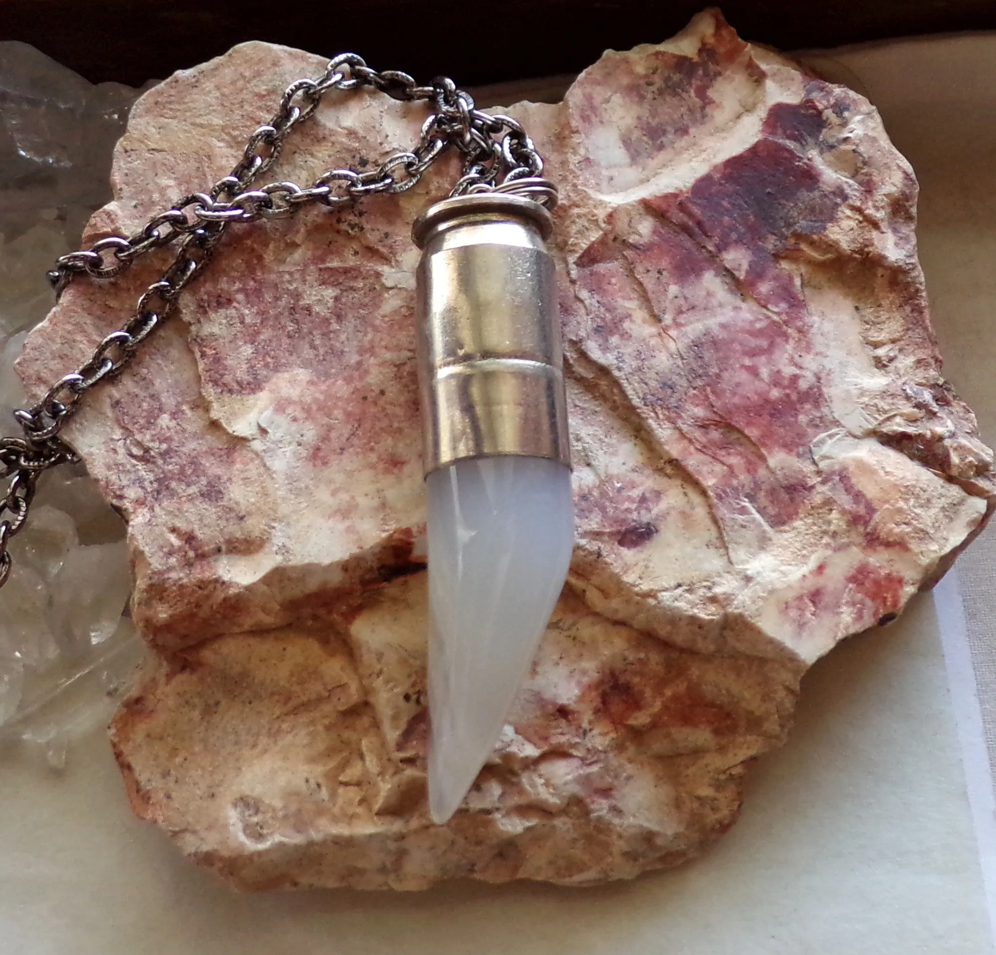 Natural Ivory Agate Horn Silver Bullet Pendant Necklace