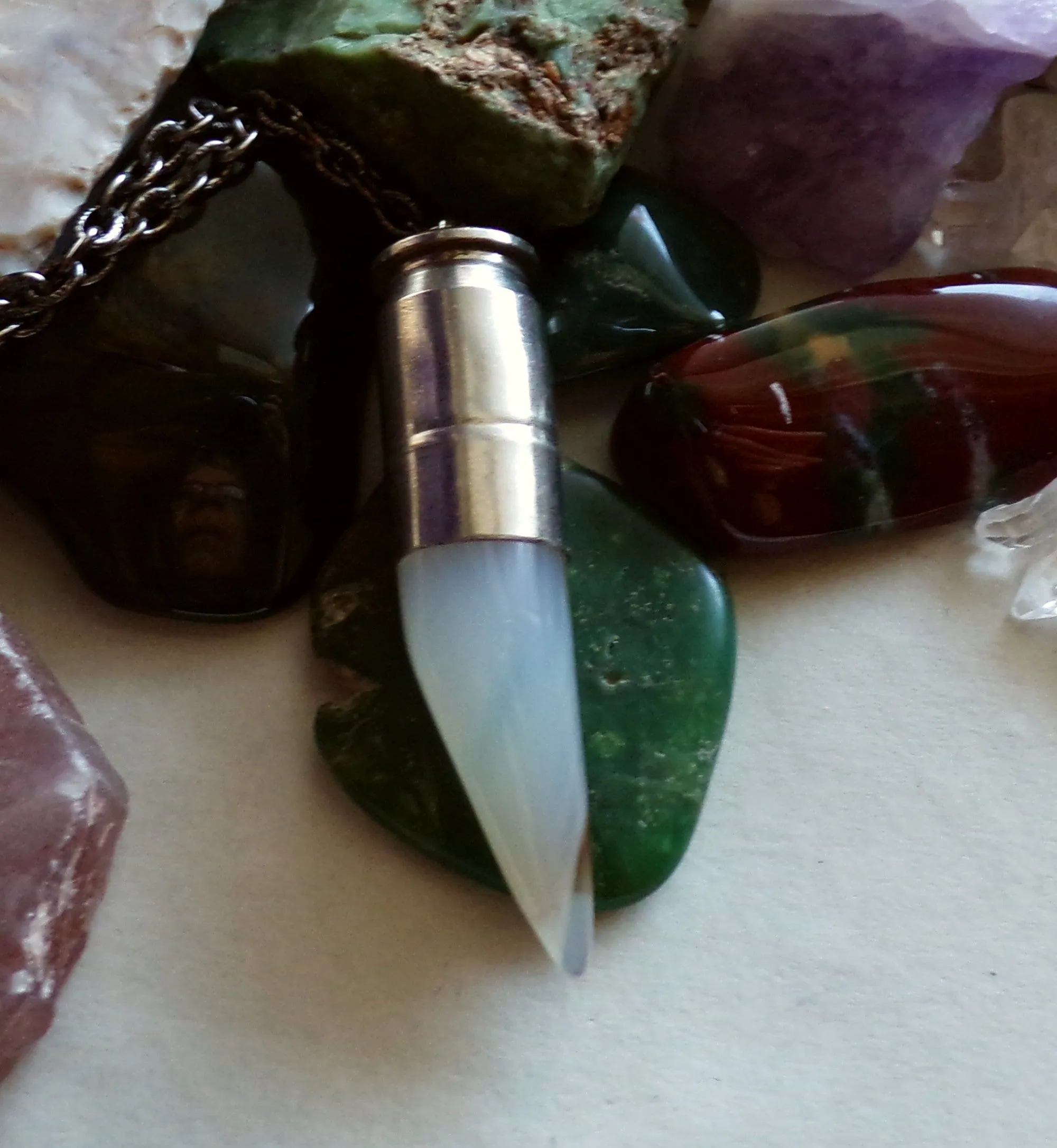 Natural Ivory Agate Horn Silver Bullet Pendant Necklace