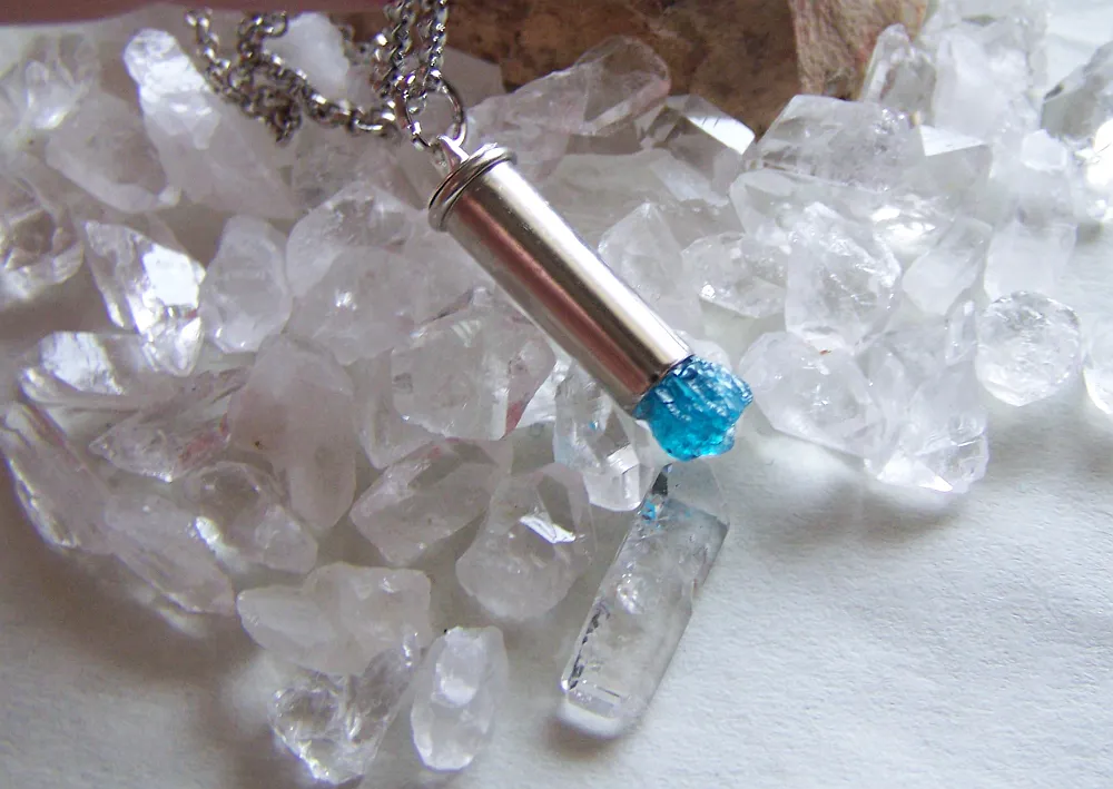 Natural Neon Blue Raw Apatite Gemstone Crystal Bullet Pendant