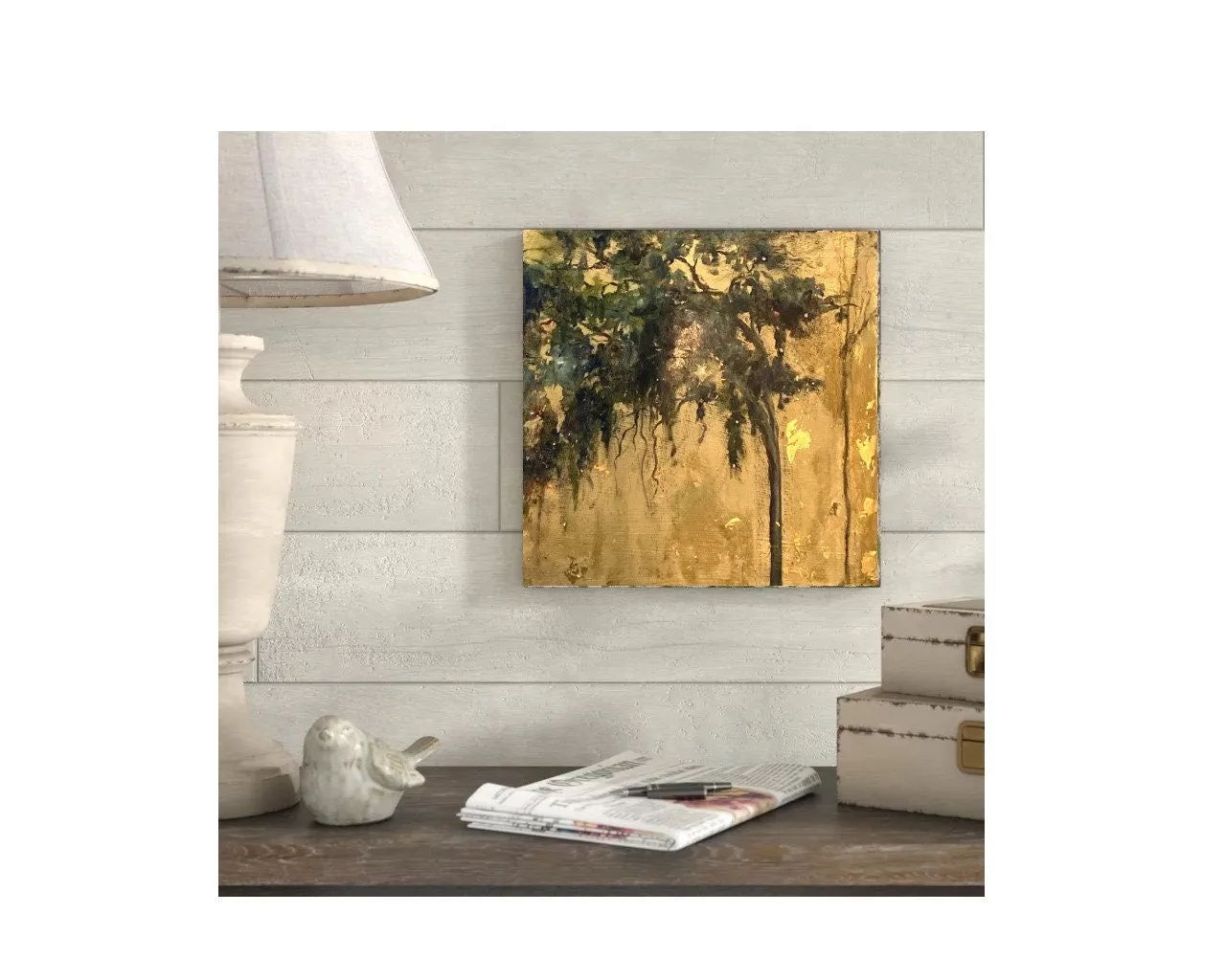 Oak Tree Painting | Marsh Oil Painting | Swarovski Crystal Embellishment | Gallery Wall Art | Gold Leaf Detail | Landscape Oil Painting