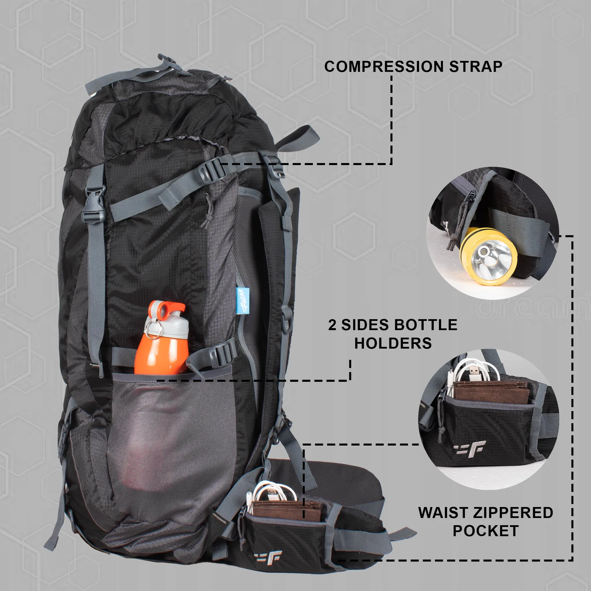 Penny 75L Black Gry Rucksack with Rain Cover