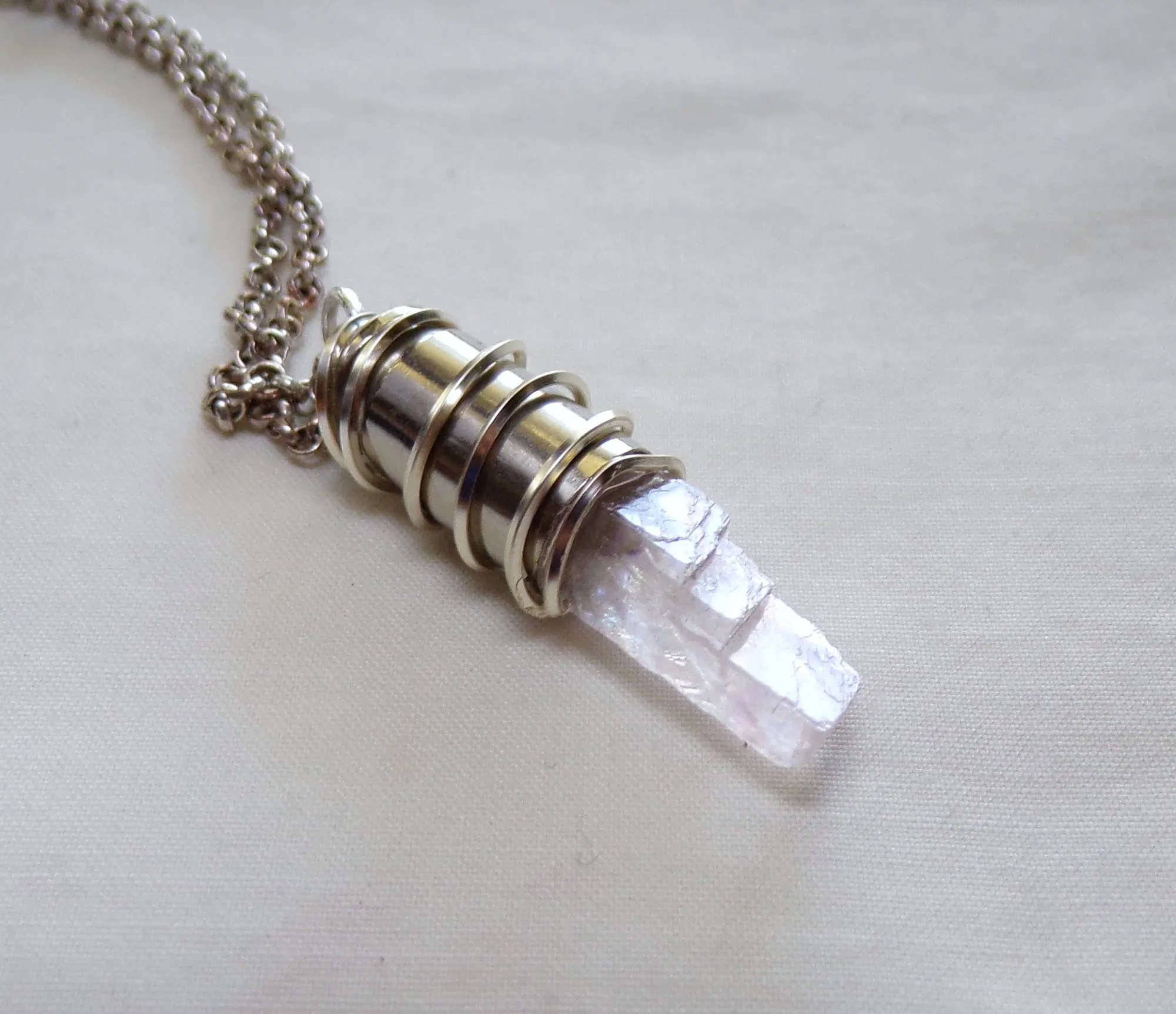 Pink Optical Calcite Crystal Silver Bullet Jewelry Pendant Necklace