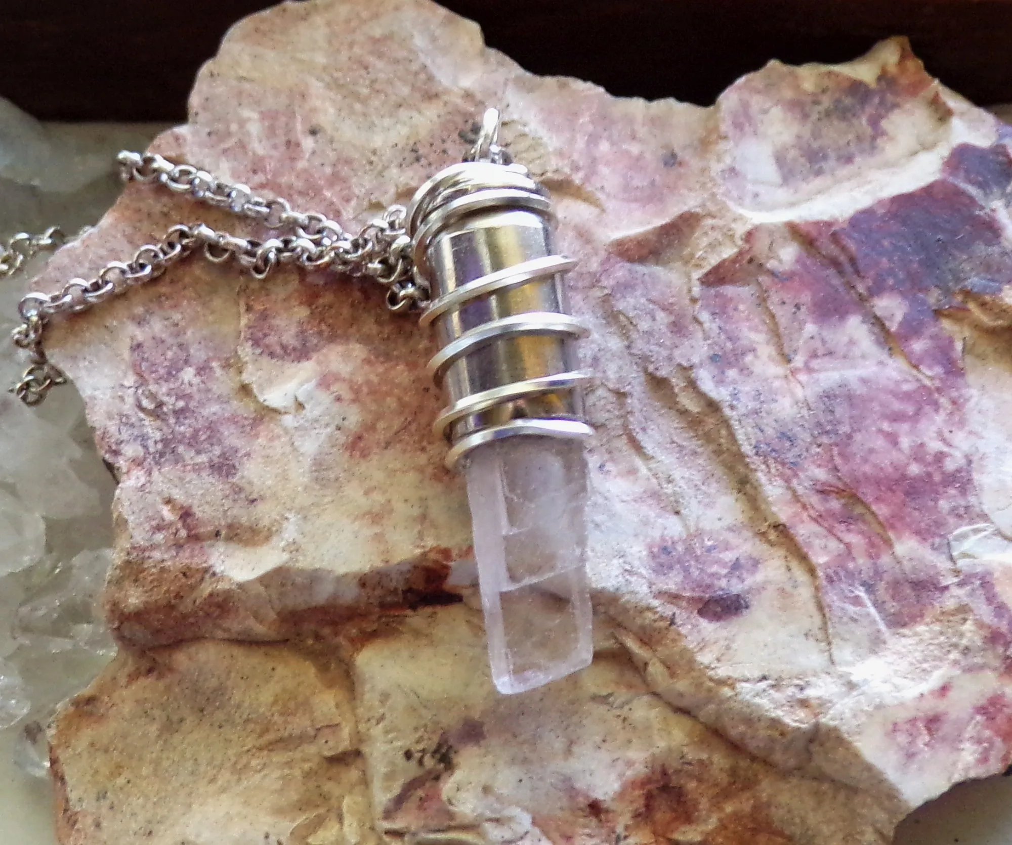 Pink Optical Calcite Crystal Silver Bullet Jewelry Pendant Necklace