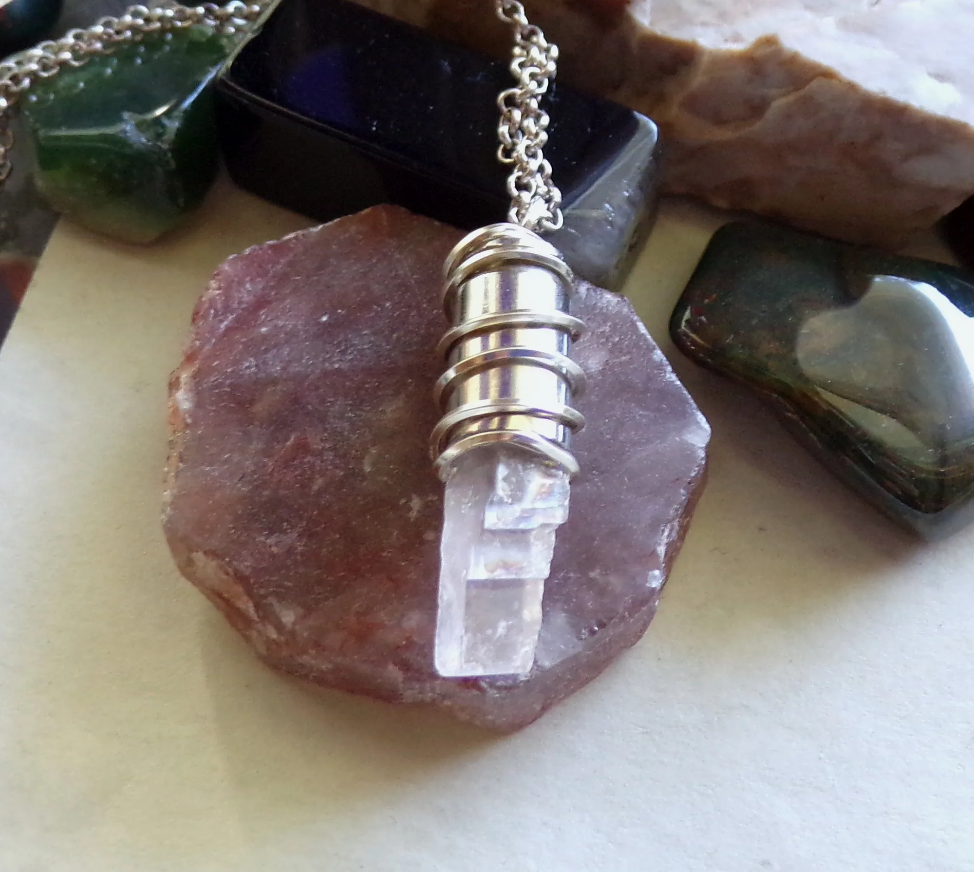 Pink Optical Calcite Crystal Silver Bullet Jewelry Pendant Necklace