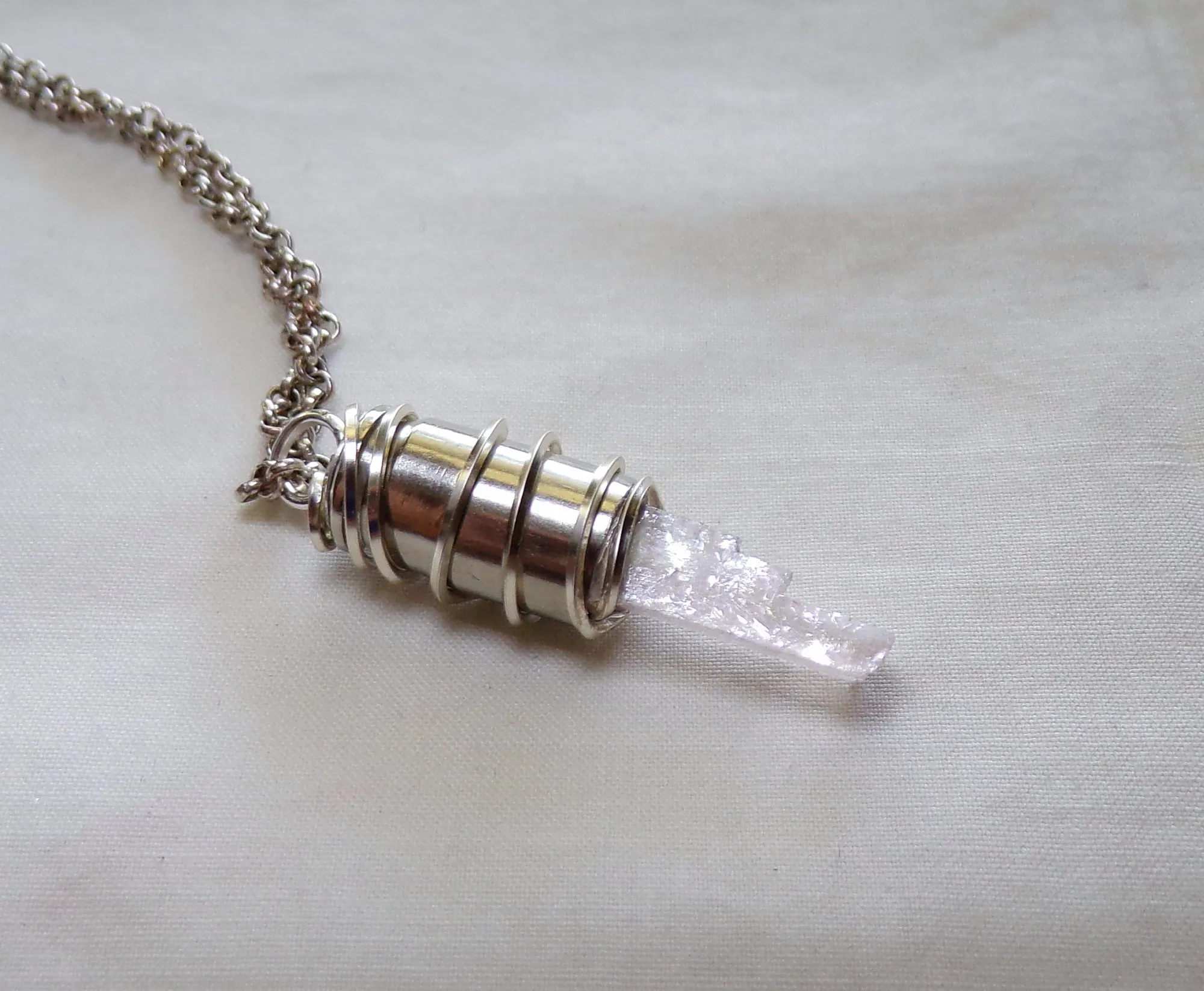 Pink Optical Calcite Crystal Silver Bullet Jewelry Pendant Necklace