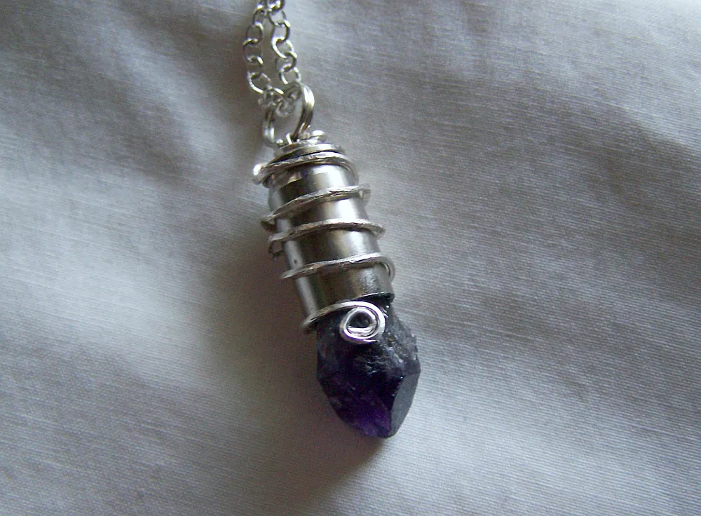 Purple Amethyst Raw Gemstone Silver Bullet Pendant