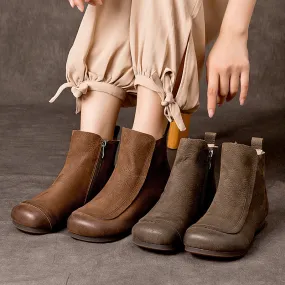 Retro Leather Short Boots For Women Soft Ankle Boots Round Toe Flat Shoes in Coffee/Grey