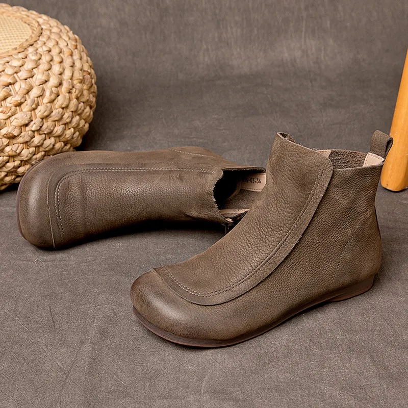 Retro Leather Short Boots For Women Soft Ankle Boots Round Toe Flat Shoes in Coffee/Grey