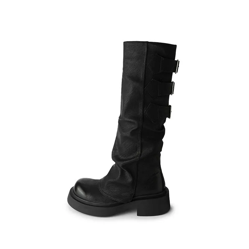 Soft Leather Autumn/Winter Women's Pointed Toe High-Calf Boots in Black/White