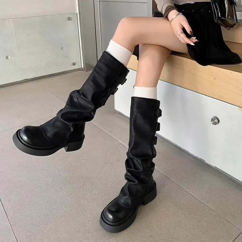 Soft Leather Autumn/Winter Women's Pointed Toe High-Calf Boots in Black/White