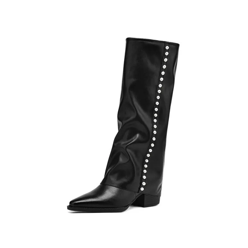 Soft Leather Women's Western R Toe Folded Knee High Boots in Black/White