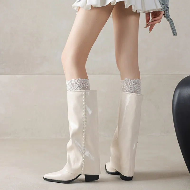 Soft Leather Women's Western R Toe Folded Knee High Boots in Black/White