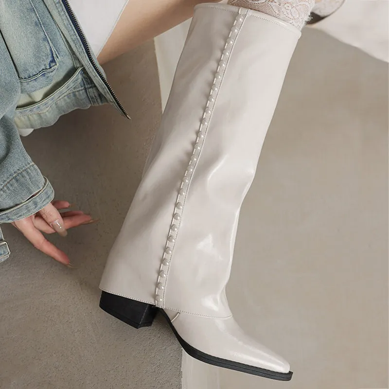 Soft Leather Women's Western R Toe Folded Knee High Boots in Black/White