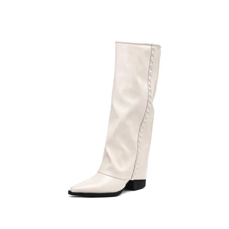 Soft Leather Women's Western R Toe Folded Knee High Boots in Black/White