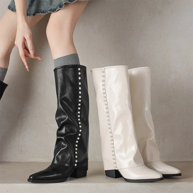 Soft Leather Women's Western R Toe Folded Knee High Boots in Black/White