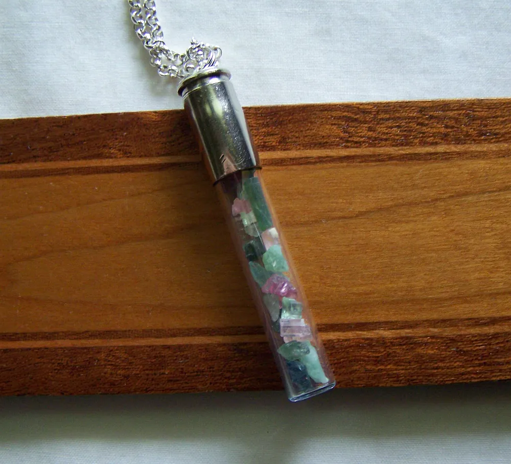 Tourmaline Gemstones Glass Cylinder Silver Bullet Jewelry Pendant