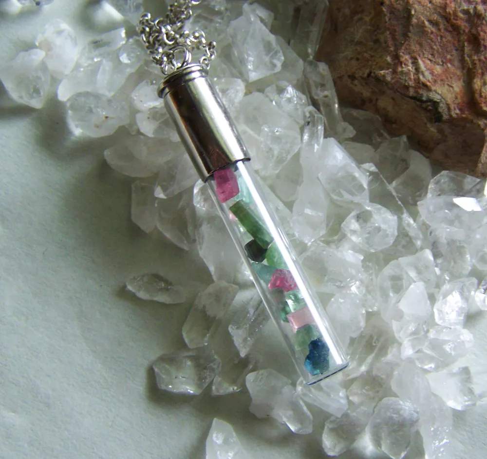 Tourmaline Gemstones Glass Cylinder Silver Bullet Jewelry Pendant