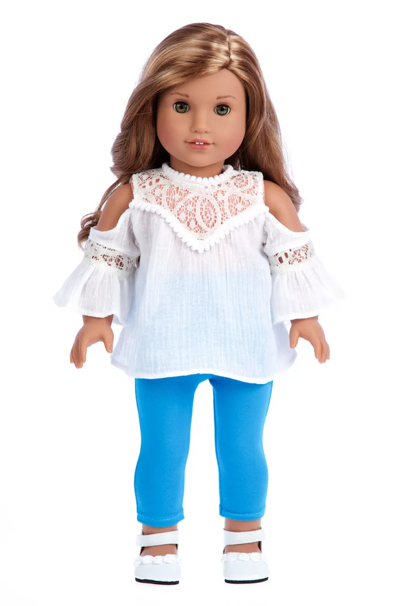 Trendy Girl - 3 Piece Doll Outfit - White Cotton Blouse, Turquoise Leggings and White Shoes