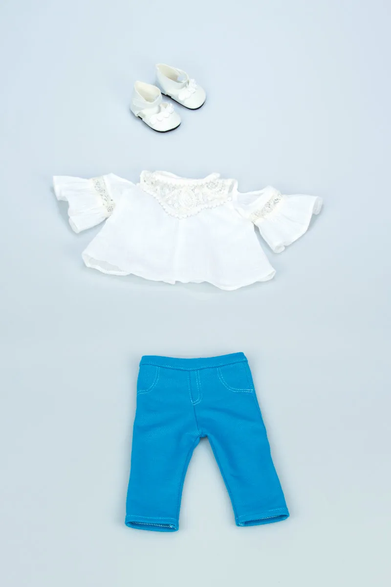 Trendy Girl - 3 Piece Doll Outfit - White Cotton Blouse, Turquoise Leggings and White Shoes