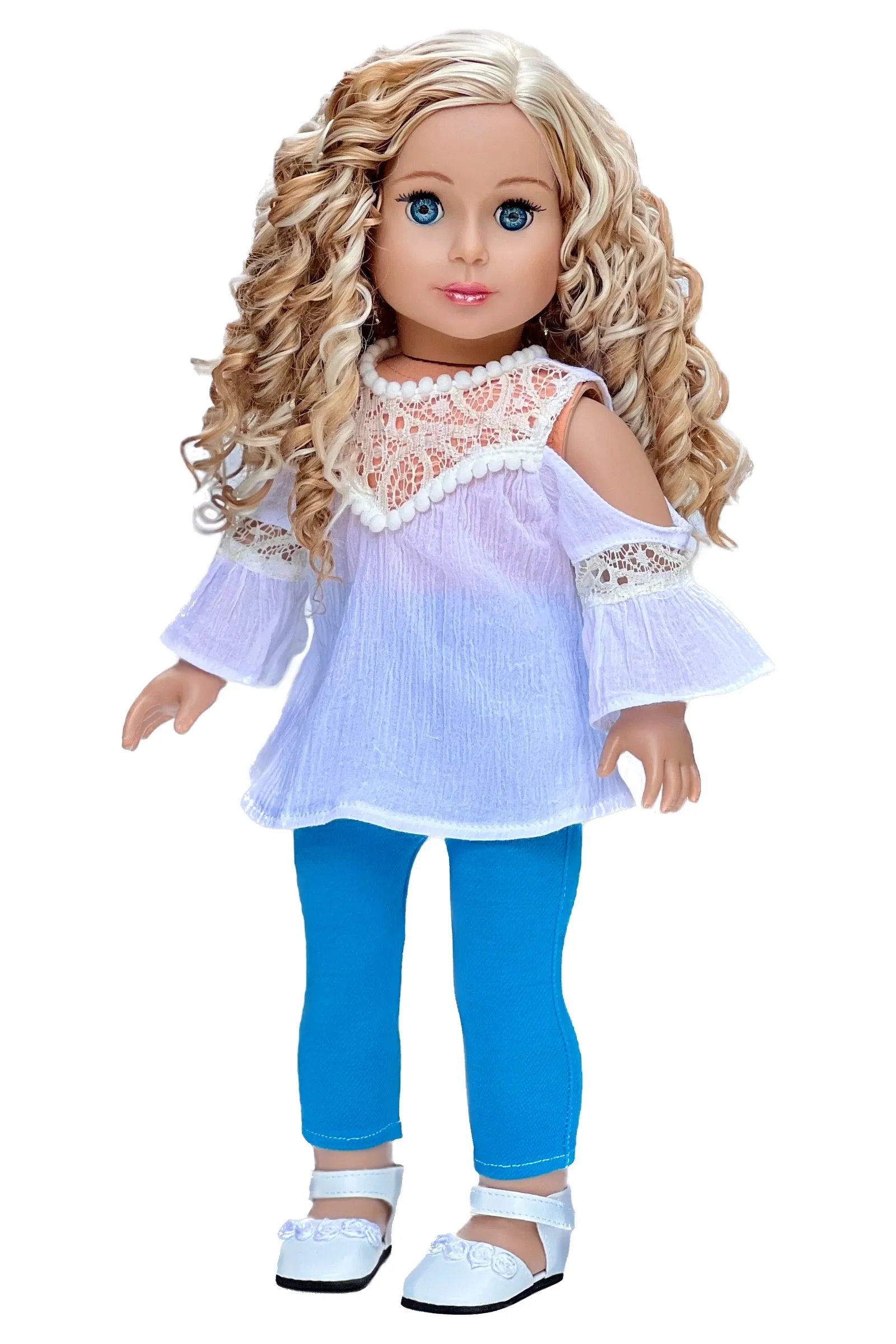 Trendy Girl - 3 Piece Doll Outfit - White Cotton Blouse, Turquoise Leggings and White Shoes