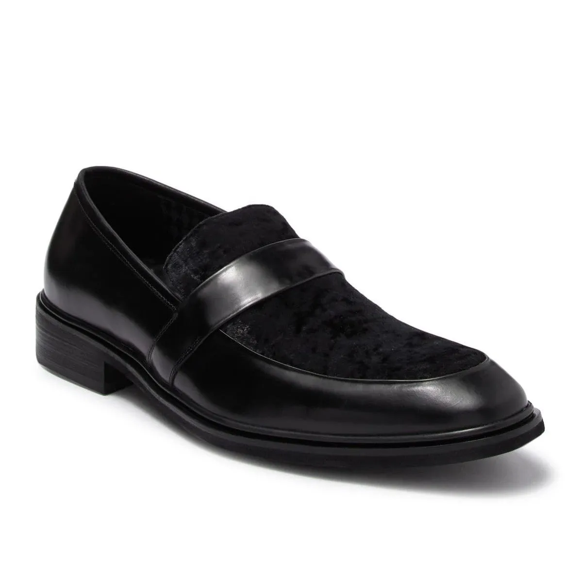 Velvet Panel Leather Loafers- Black