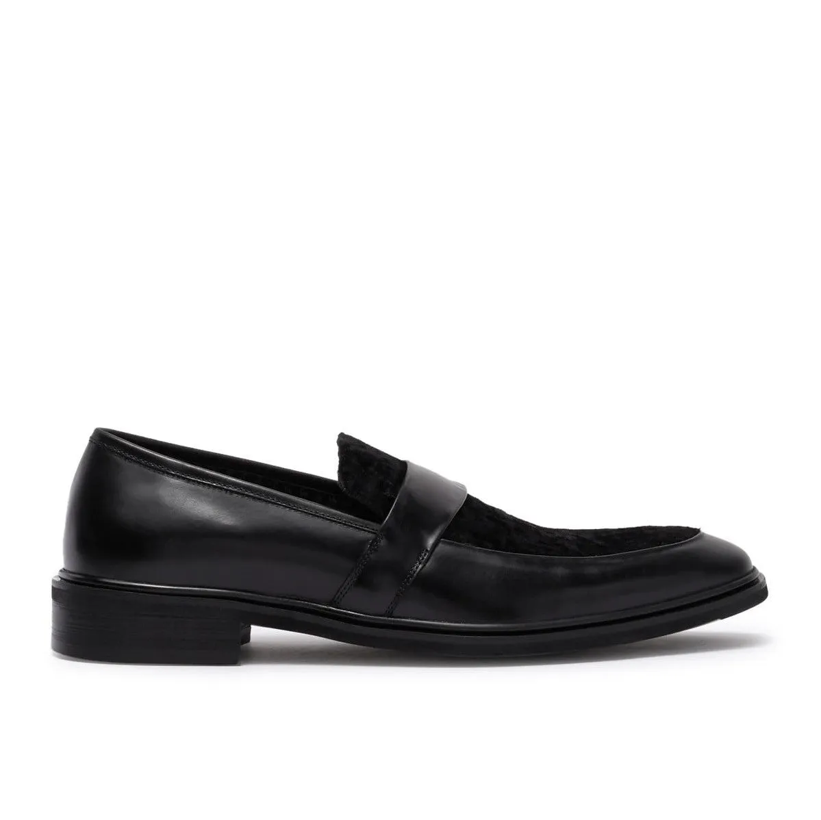 Velvet Panel Leather Loafers- Black