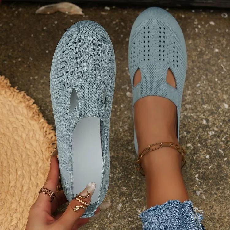 Women Knitted Flat  Comfy Round Toe Hollow Out Slip On Shoes