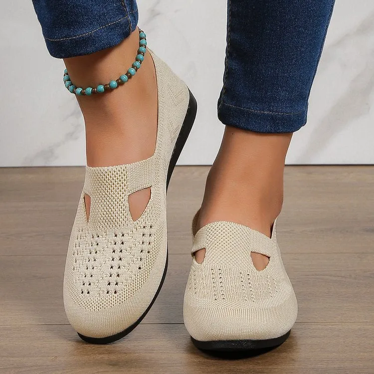 Women Knitted Flat  Comfy Round Toe Hollow Out Slip On Shoes