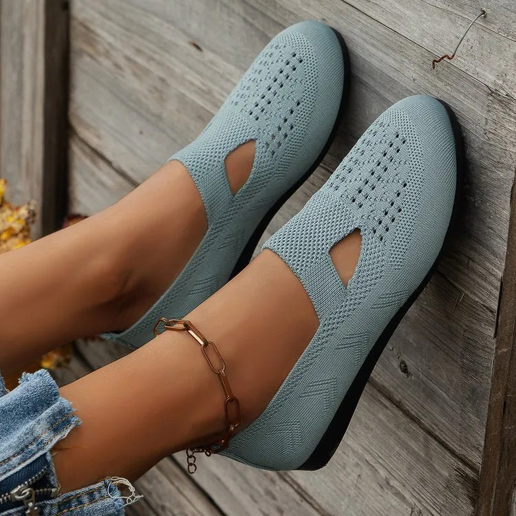 Women Knitted Flat  Comfy Round Toe Hollow Out Slip On Shoes