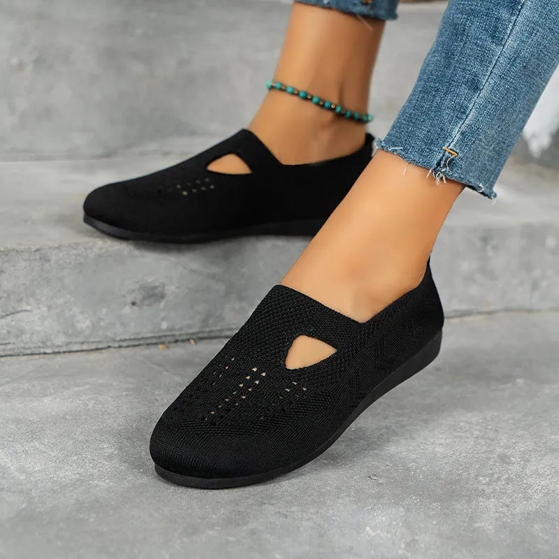 Women Knitted Flat  Comfy Round Toe Hollow Out Slip On Shoes