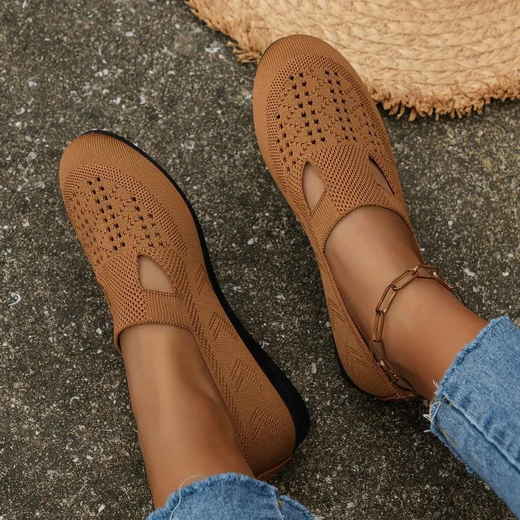 Women Knitted Flat  Comfy Round Toe Hollow Out Slip On Shoes