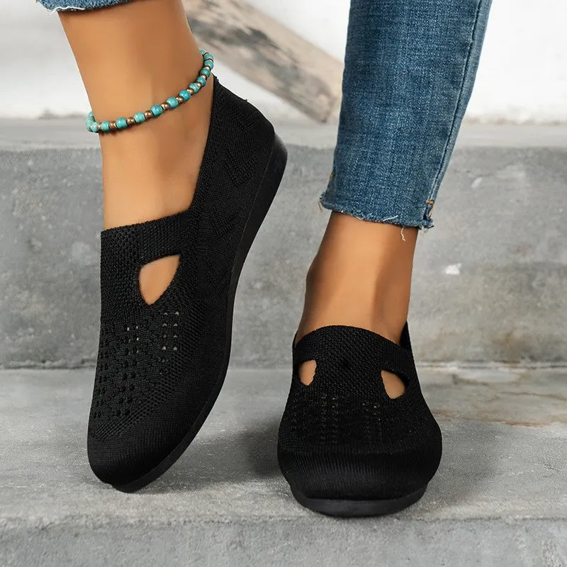 Women Knitted Flat  Comfy Round Toe Hollow Out Slip On Shoes