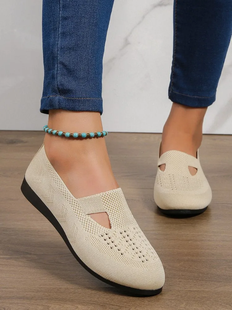 Women Knitted Flat  Comfy Round Toe Hollow Out Slip On Shoes