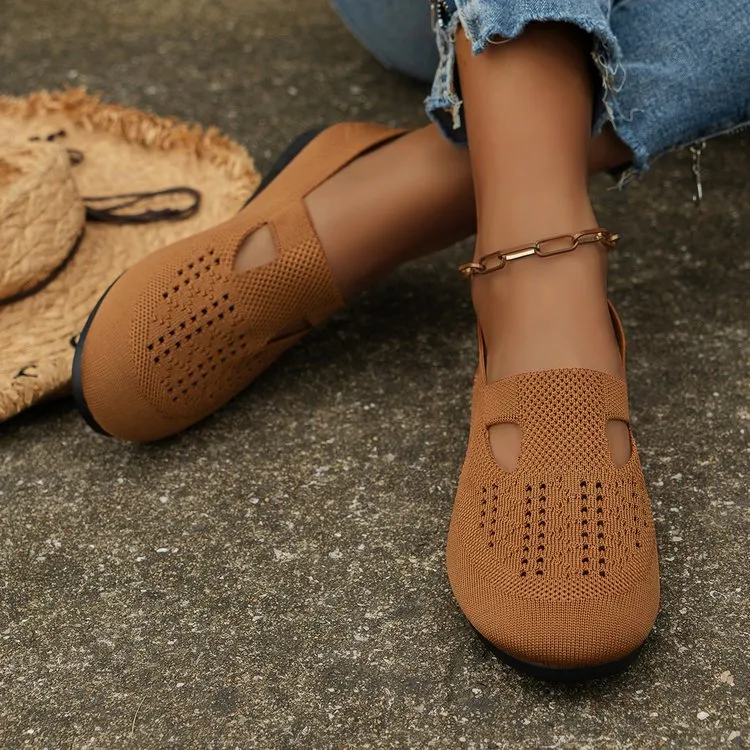 Women Knitted Flat  Comfy Round Toe Hollow Out Slip On Shoes