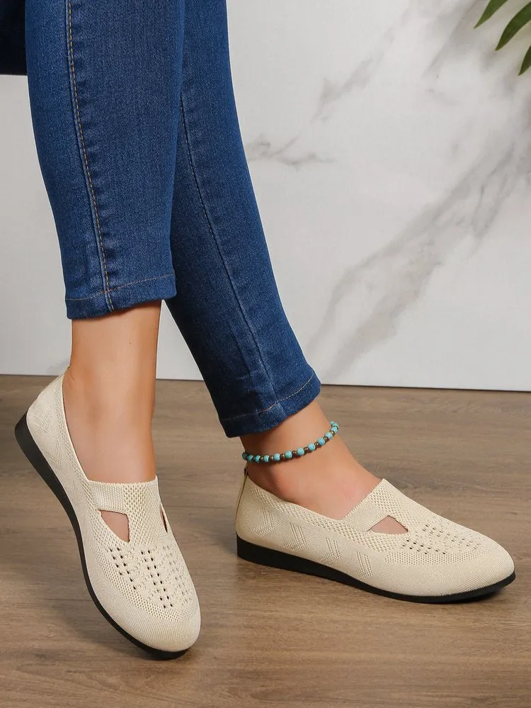 Women Knitted Flat  Comfy Round Toe Hollow Out Slip On Shoes